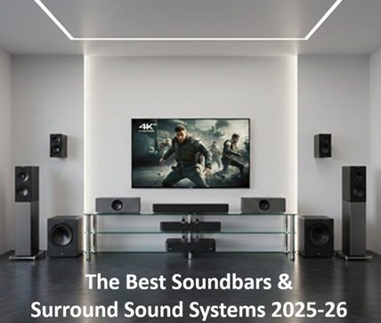 Best Soundbars and Surround Sound Systems 2026: A high-end home theater room featuring an immersive audio setup with a Verified by Core Synt