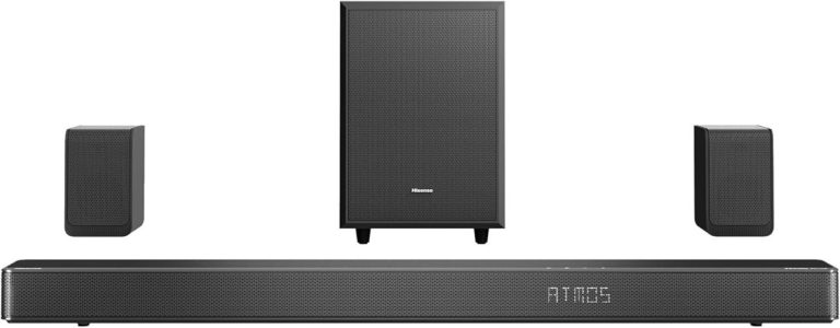 Hisense AX5125H 5.1.2 channel soundbar system in black, featuring a wireless subwoofer, dedicated rear speakers, and up-firing drivers for D