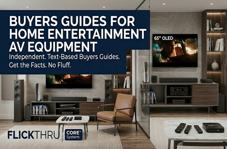 Technical "X-ray" style visual of a high-end UK home cinema setup featuring a 65" OLED TV, AV receiver, floor-standing speakers, and multipl