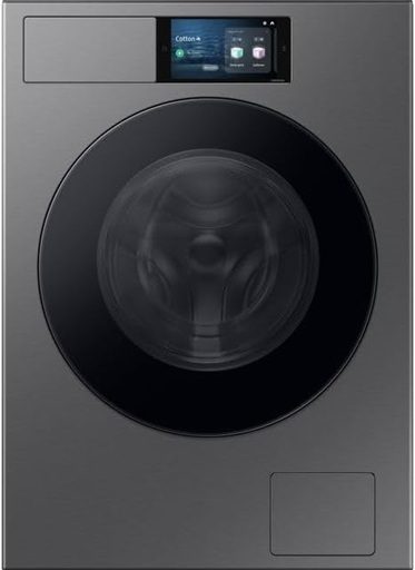 Front view of the Samsung Bespoke AI Series 9 WF90F0 washing machine featuring the AI Home touchscreen and SpaceMax™ design.