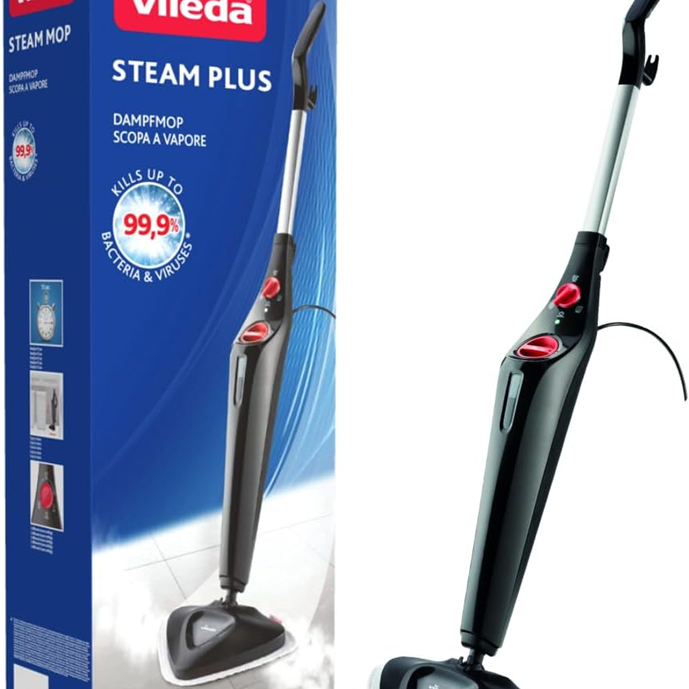 Vileda Steam Mop Plus: Ultra-light 2.1kg frame, 15-second heat-up, and triangular head for corner cleaning.