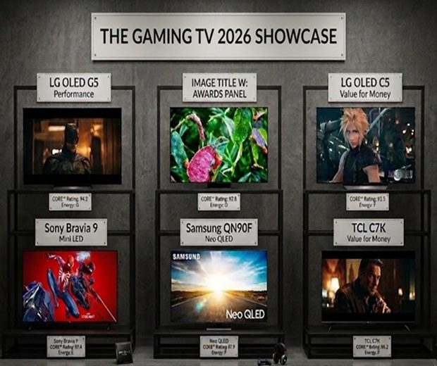 The Gaming TV 2026 Showcase CORE rankings for LG G5 (94) Samsung S95F (92), LG C5 (91) Sony Bravia 9 (89), Samsung QN90F (87) & TCL C7K (85)
