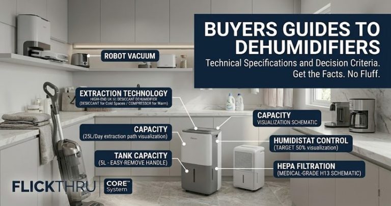 Technical visualization and schematic of a Desiccant vs Compressor dehumidifier. Call-outs detail technical decision criteria for extraction