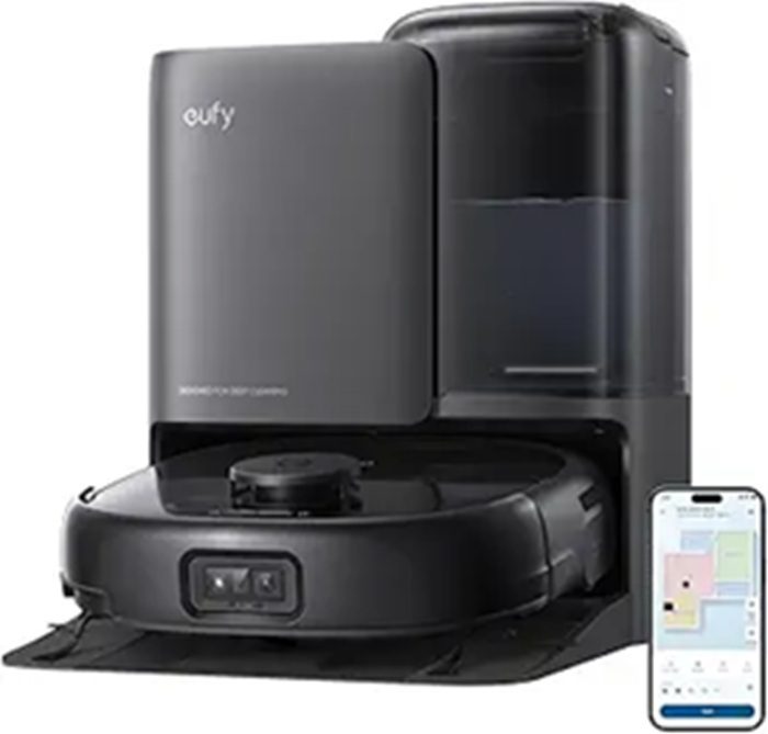 Eufy Omni E25 - Value & Performance Leader The Eufy Omni E25 docking station which provides 75 days of hands-free dust collection, auto-mop washing, and 50°C hot air drying.