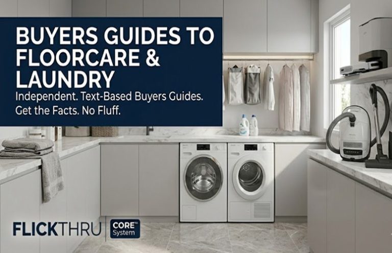 Technical visual of a modern UK utility room featuring a matching washing machine and heat pump dryer, a cylinder vacuum cleaner, and a wall