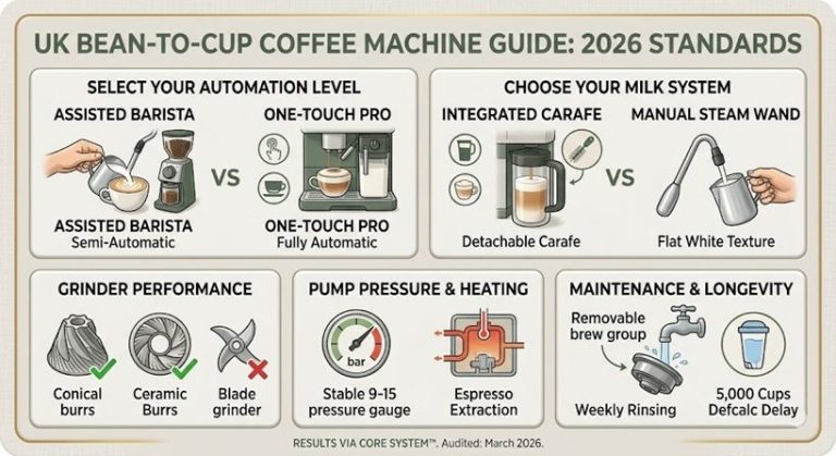 2026 UK Bean-to-Cup Coffee Machine Guide: Visual comparison of burr grinders, automation levels, and maintenance benchmarks for home barista