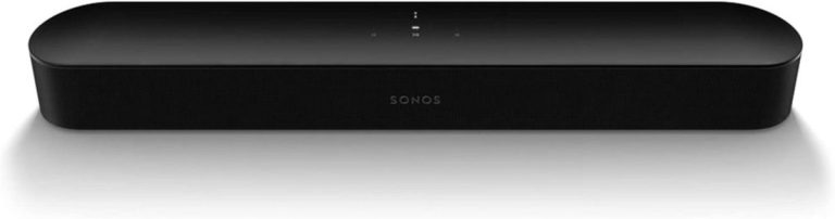 Front view of the Sonos Beam (Gen 2) in Matte Black featuring the perforated polycarbonate grille and compact design for home cinema.
