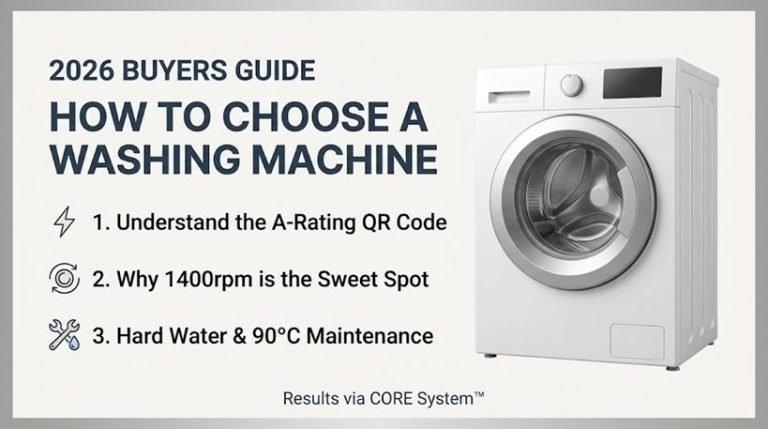 2026 Washing Machine Buying Guide infographic showing energy A-rating QR codes, 1400rpm spin efficiency, and 90 degree maintenance tips for 