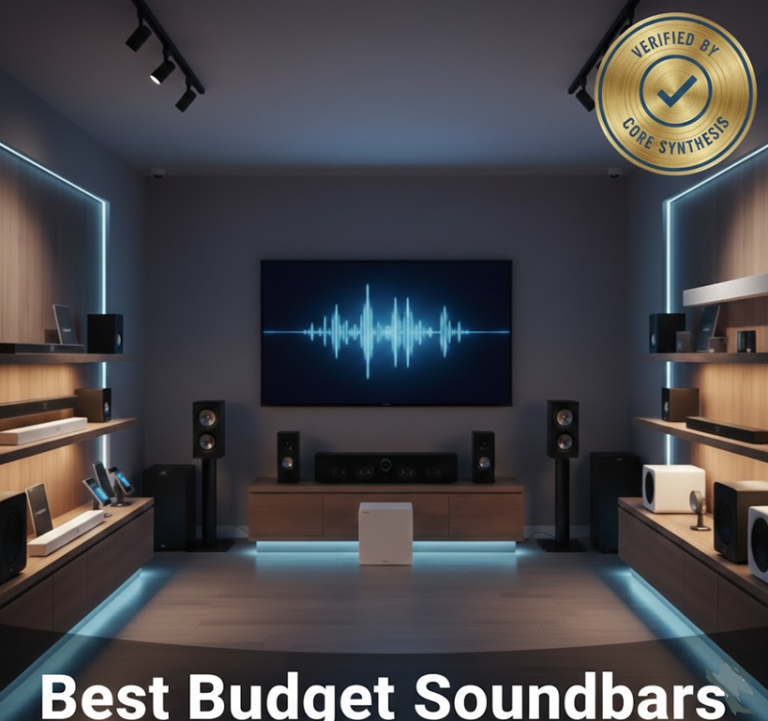 Top-rated affordable soundbars for 2026 featuring a cinematic audio setup and the Core Synthesis certification