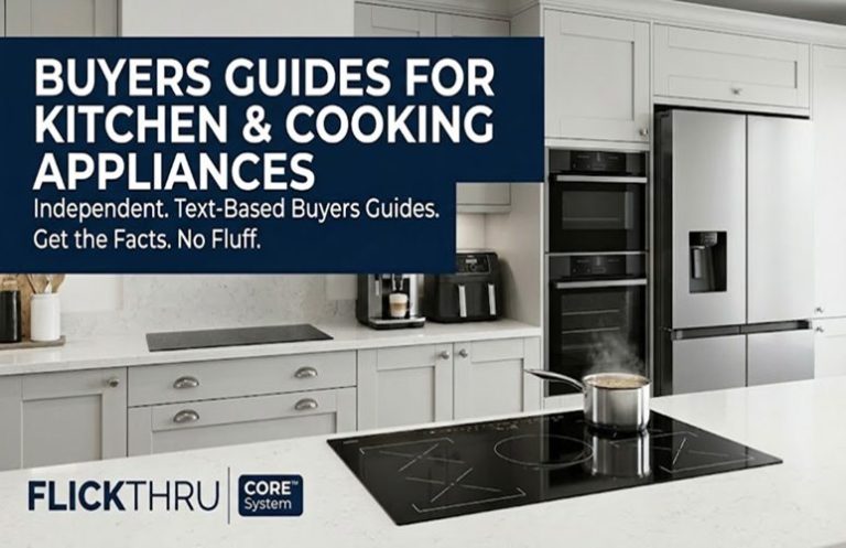 Technical hero shot of multiple modern kitchen appliances (hob, ovens, fridge, coffee machine) in a clean UK kitchen, FlickThru 2026 Buyers 