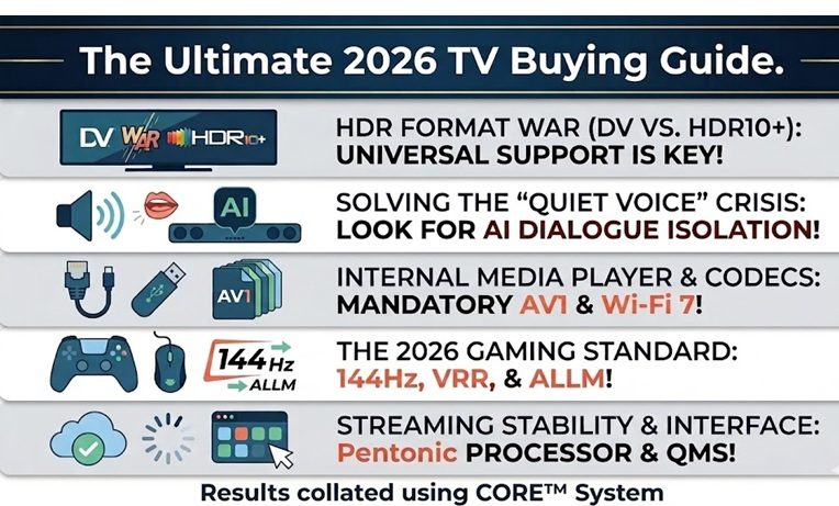 High-definition 4K Smart TV displaying a vibrant cinematic landscape in a modern living room setting, 2026 buyer's guide.