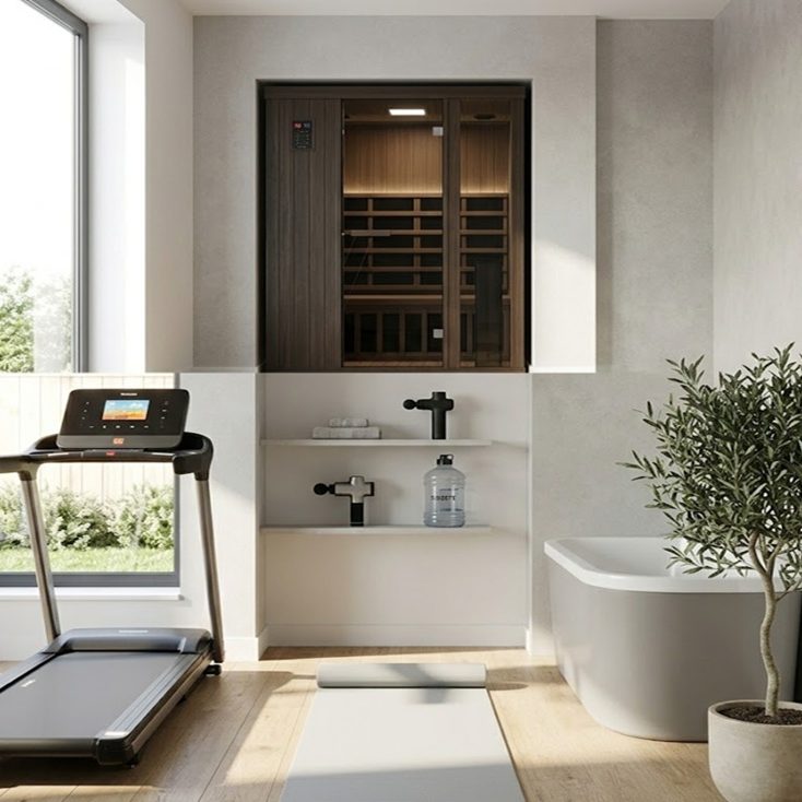 Modern home gym and wellness suite featuring smart treadmill and infrared sauna UK 2026.